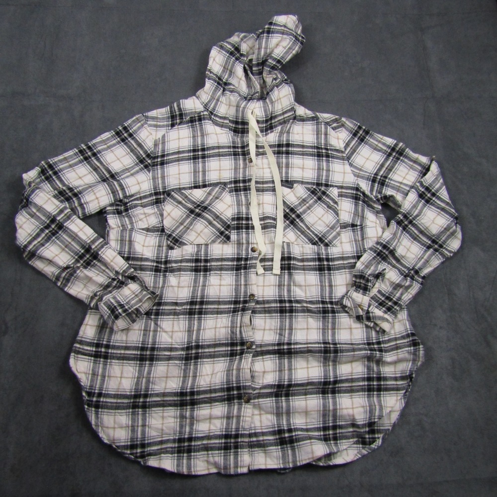 Columbia Hooded Shirt Men XL White Plaid Long Sleeve Cotton Blend Button Up